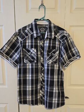 BKE Black & White Plaid Short-Sleeve Button-Down Shirt Athletic Mens Fit Size XL